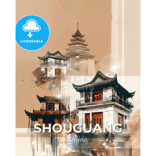 Shouguang Skyline Double Exposure Art Poster - A group of buildings with a pagoda roof - Square format print template
