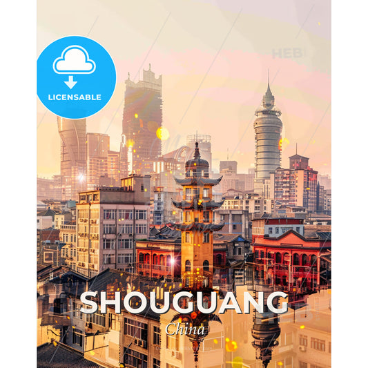 Shouguang China Skyline Double Exposure Art Poster - A city with buildings and a reflection of the sun - Square format print template