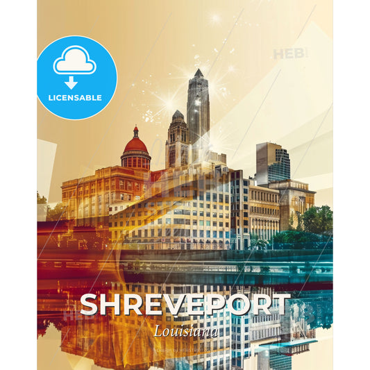 Shreveport City Lights Skyline Poster - A city skyline with a reflection of a river - Square format print template