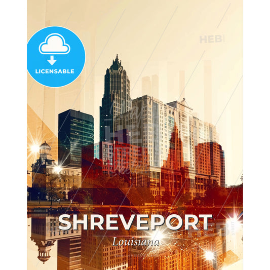 Shreveport Louisiana Skyline Poster Composite Artwork - A city skyline with lights reflecting on water - Square format print template