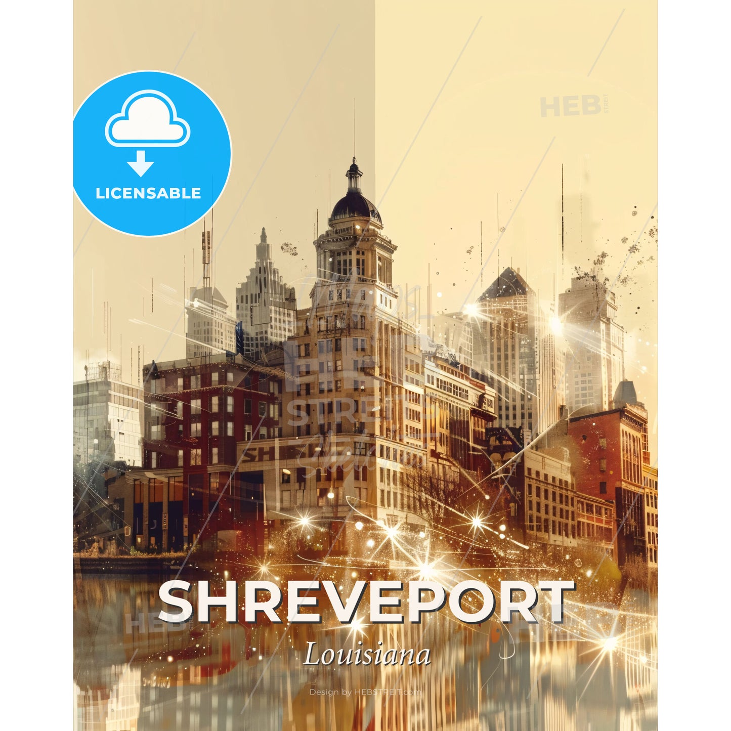 Shreveport City Skyline Double Exposure Art Poster - A city with many buildings and a body of water - Square format print template