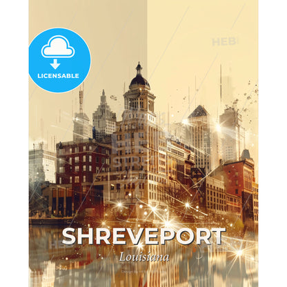 Shreveport City Skyline Double Exposure Art Poster - A city with many buildings and a body of water - Square format print template