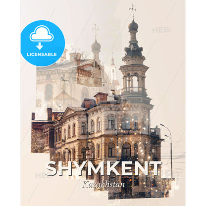 Shymkent Double Exposure Skyline Poster - A building with a tower - Square format print template
