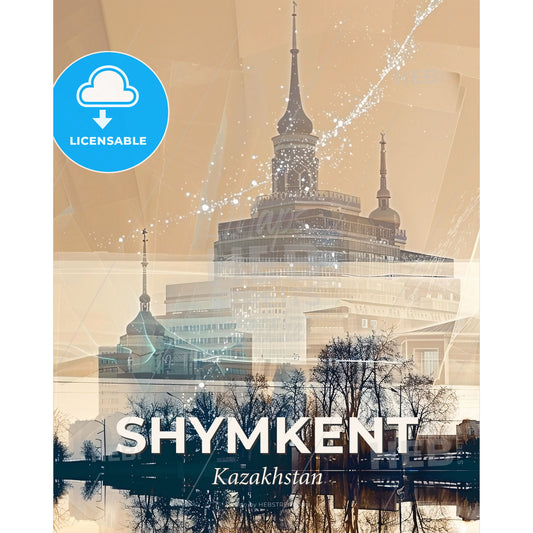Shymkent Cityscape Composite Art Poster - A cityscape with a building and trees - Square format print template
