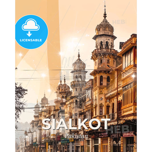 Sialkot: Double Exposure City Skyline - A city street with buildings and a tower - Square format print template
