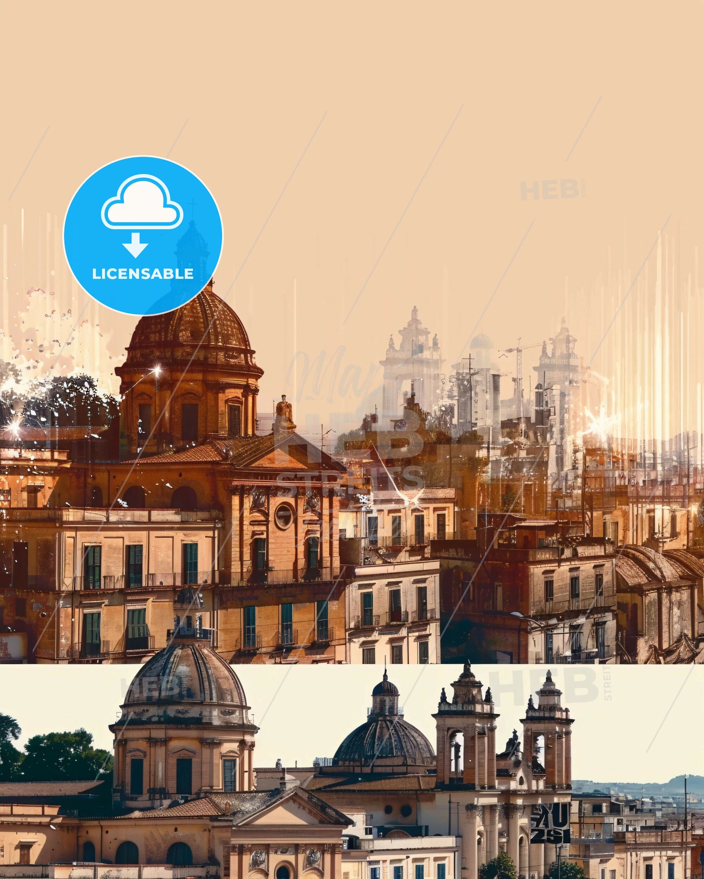 Sicily Skyline Double Exposure Art Poster - A group of buildings with a dome roof