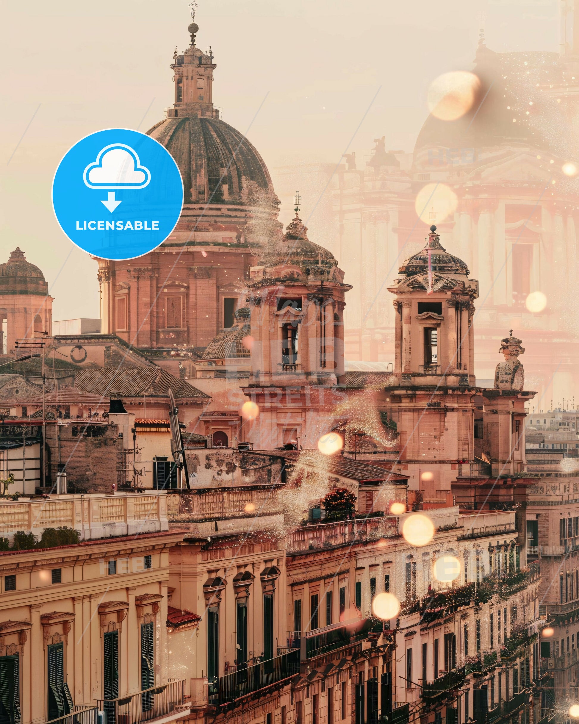 Sicily Cityscape Icons Double Exposure Print - A large building with a dome on top