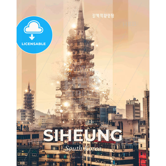 Siheung, South Korea Cityscape Poster Print - A building with a tower exploding - Square format print template