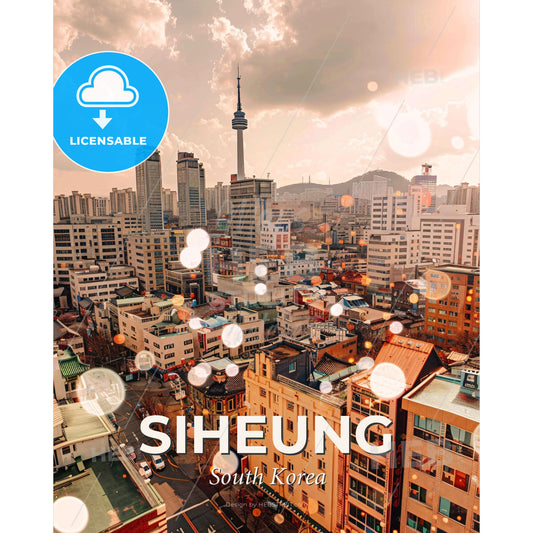 Siheung Lightscape Composite Art Poster - A city with many buildings and a tower - Square format print template