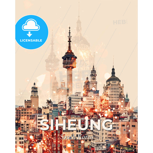 Siheung Skyline Local Icons Double Exposure Art - A city with many towers - Square format print template