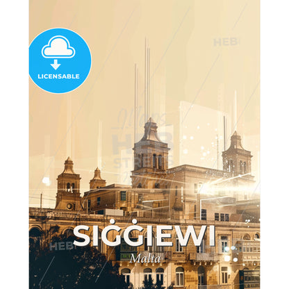 SiÄ¡Ä¡iewi City Skyline Double Exposure Poster Art - A building with many windows - Square format print template