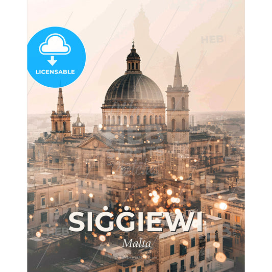 SiÄ¡Ä¡iewi Malta Skyline Composite Art Print Poster - A large building with a dome and pointy roofs - Square format print template