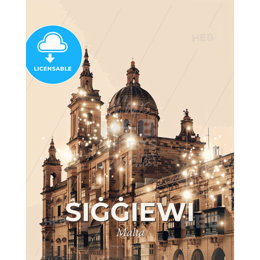 SiÄ¡Ä¡iewi Malta City Skyline Architectural Composite Art Poster - A building with a dome and towers - Square format print template