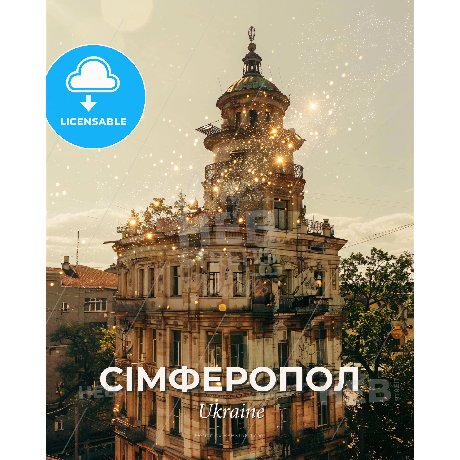 Simferopol: Skyline and Icons Double Exposure Art - A building with lights on it - Square format print template