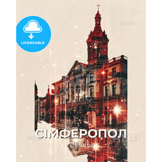 Simferopol, Ukraine: City Skyline and Landmarks Poster - A building with a tower and lights - Square format print template