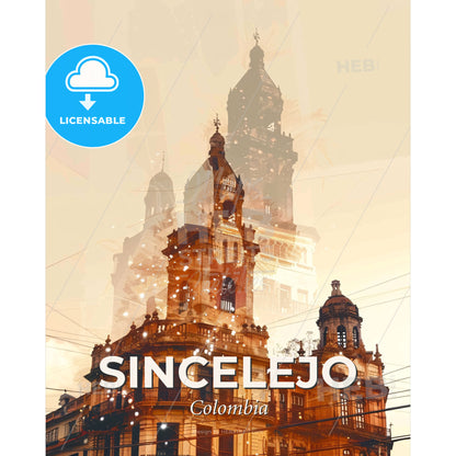 Sincelejo City Tribute Skyline Poster Design - A double exposure of a building - Square format print template