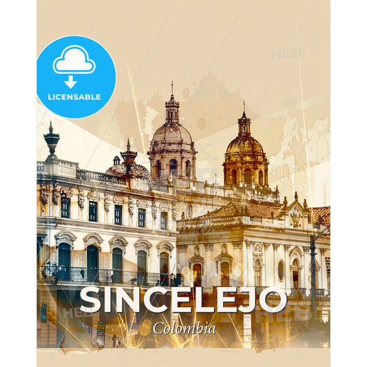 Sincelejo City Skyline Double Exposure Art Print - A building with a dome shaped roof - Square format print template