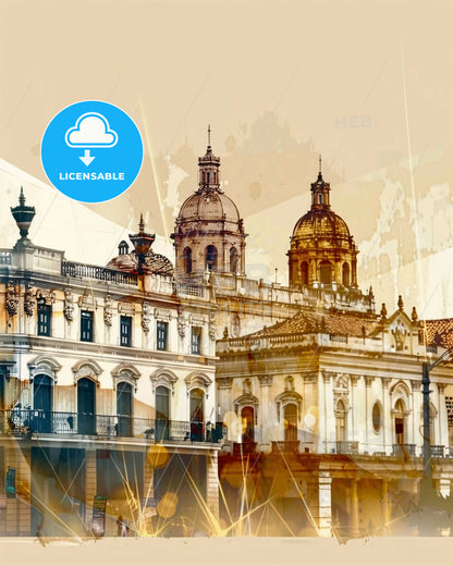 Sincelejo City Skyline Double Exposure Art Print - A building with a dome shaped roof