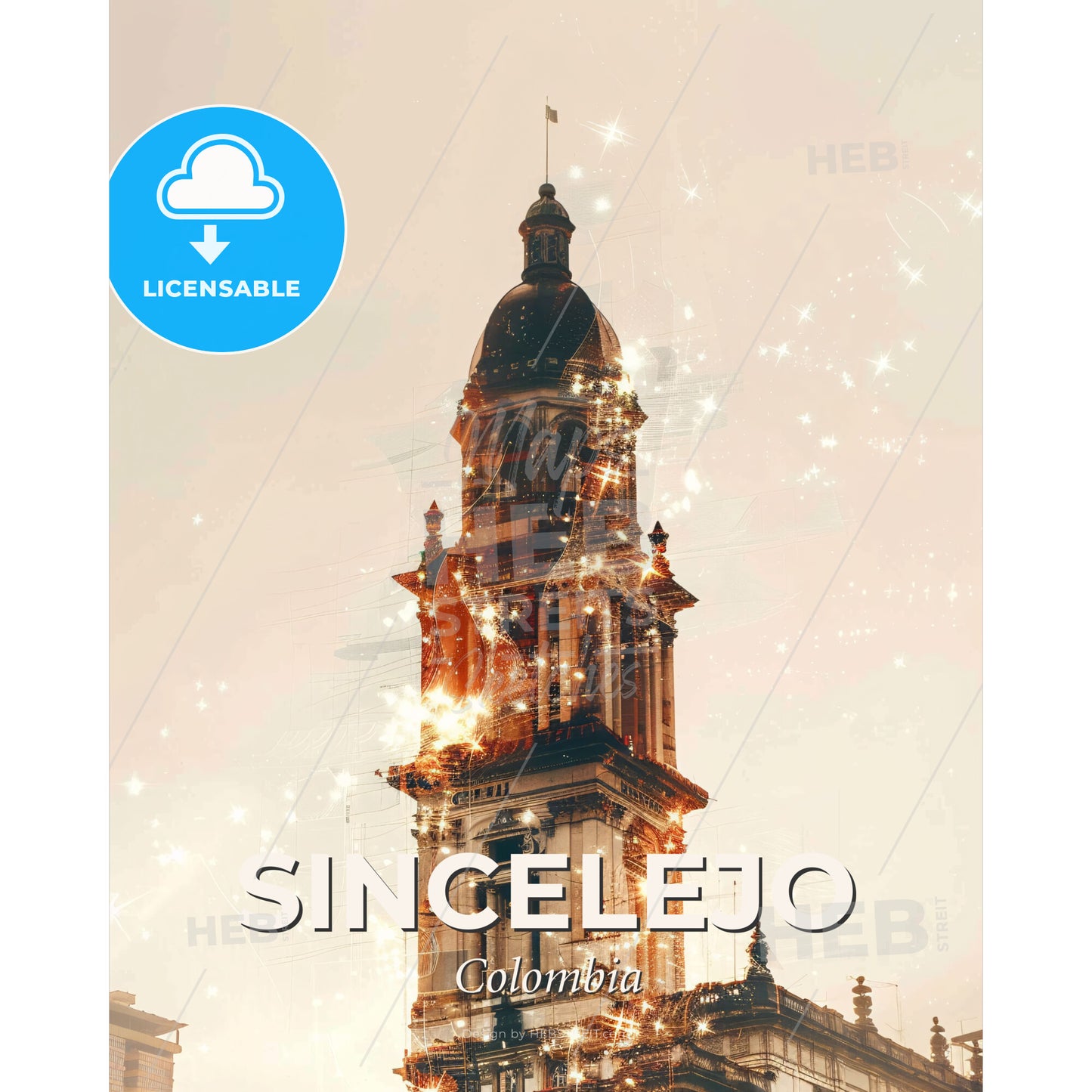 Sincelejo Skyline Colombian Architecture Glow - A tall building with a flag on top - Square format print template