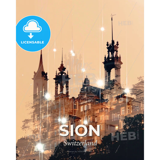 Sion Skyline Double Exposure Art Poster - A building with many spires and lights - Square format print template