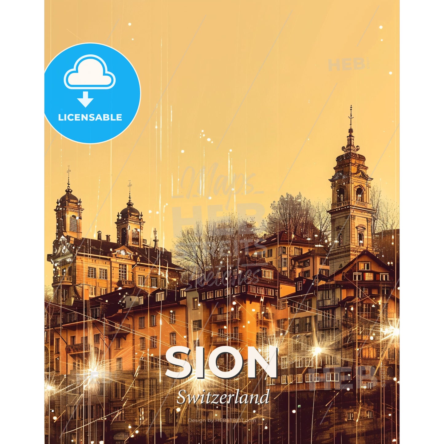 Sion City Skyline Swiss Architecture Canvas Art - A group of buildings with towers and lights - Square format print template