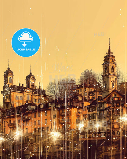 Sion City Skyline Swiss Architecture Canvas Art - A group of buildings with towers and lights