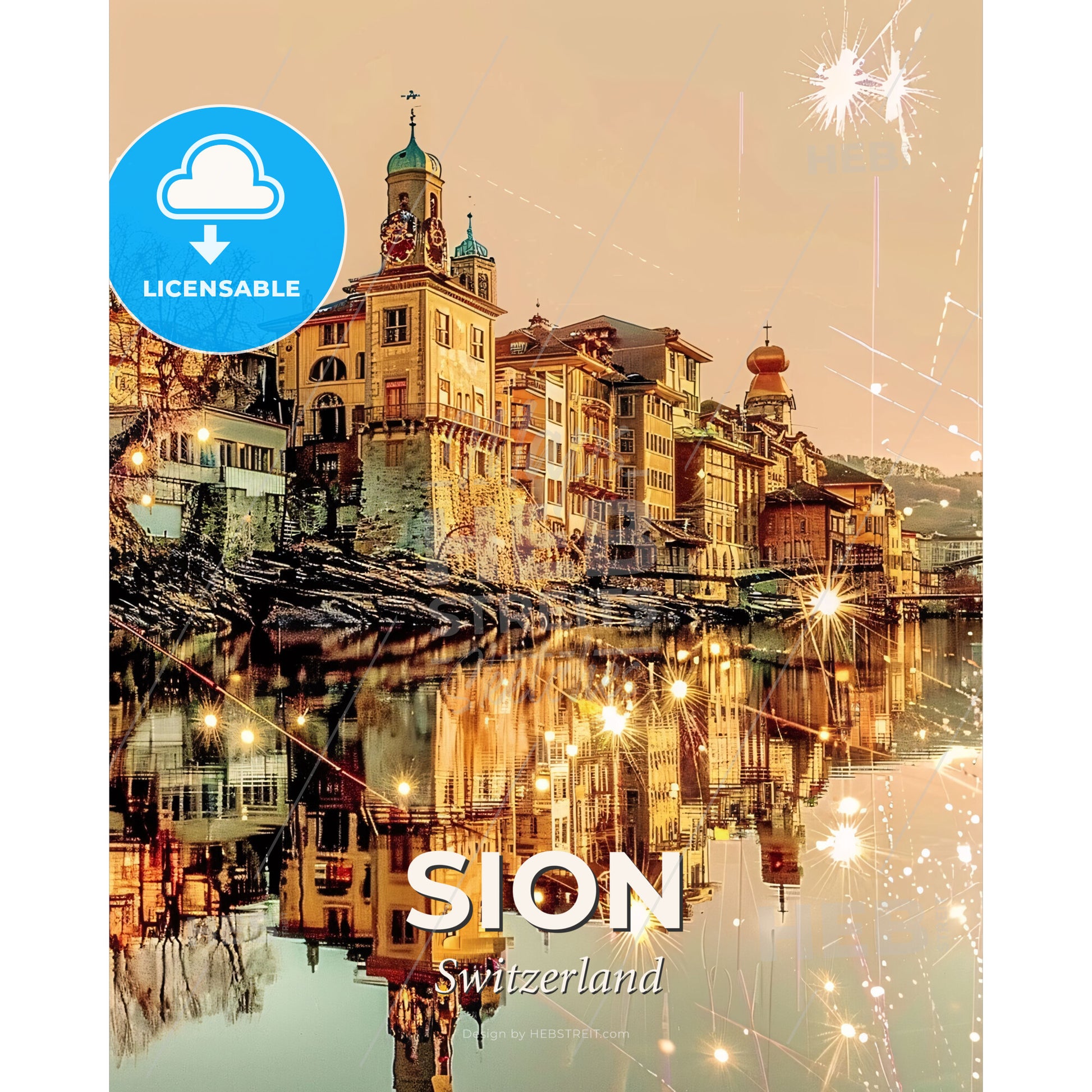Sion: City Skyline Architecture Poster with Sparkles - A building next to a body of water - Square format print template