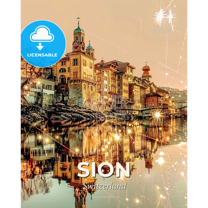 Sion: City Skyline Architecture Poster with Sparkles - A building next to a body of water - Square format print template