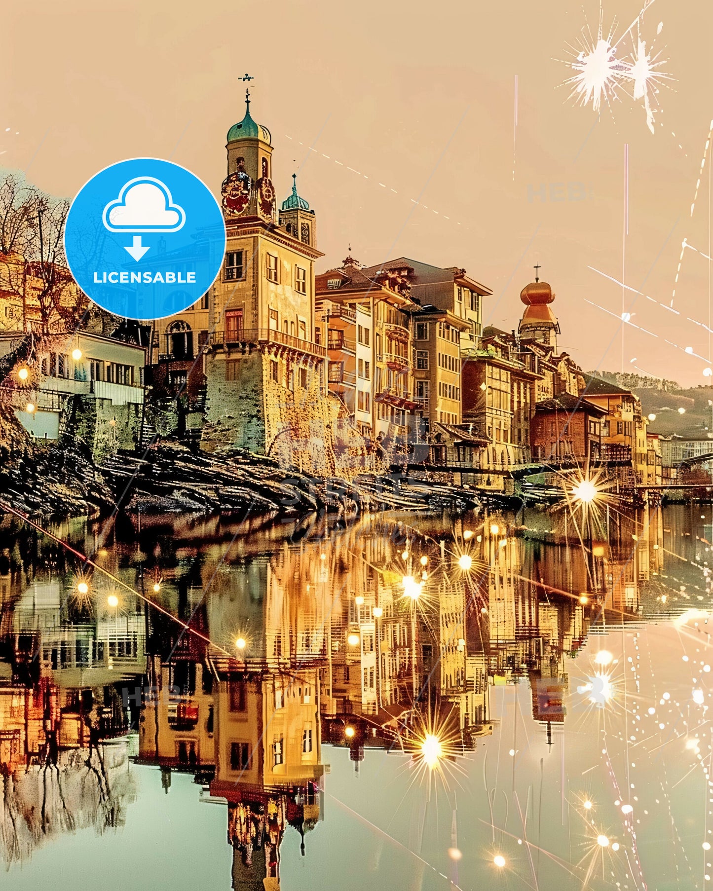 Sion: City Skyline Architecture Poster with Sparkles - A building next to a body of water