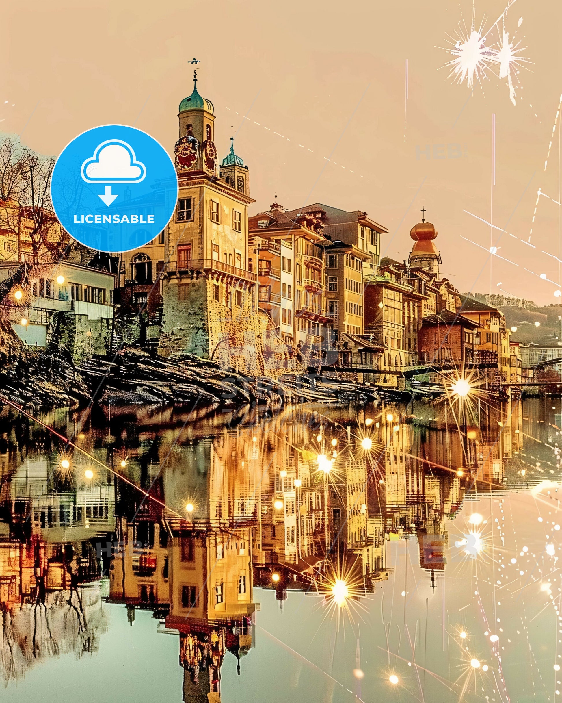 Sion: City Skyline Architecture Poster with Sparkles - A building next to a body of water