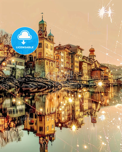 Sion: City Skyline Architecture Poster with Sparkles - A building next to a body of water