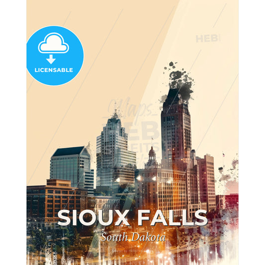 Sioux Falls: Skyline Icons in Magical Double Exposure - A city skyline with a fire - Square format print template