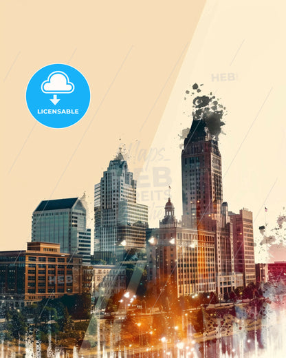 Sioux Falls: Skyline Icons in Magical Double Exposure - A city skyline with a fire