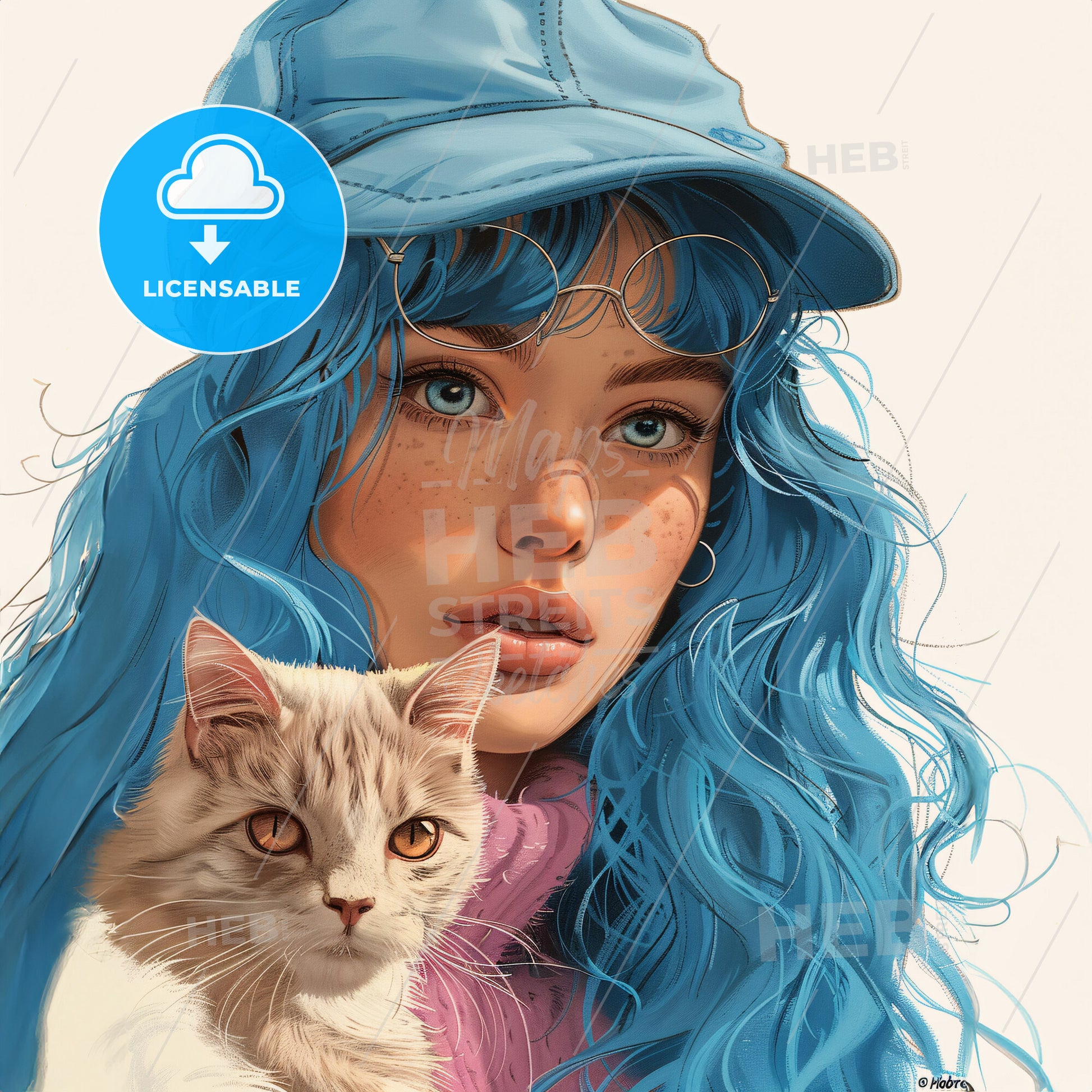 A Woman With Blue Hair And A Cat