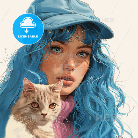 A Woman With Blue Hair And A Cat