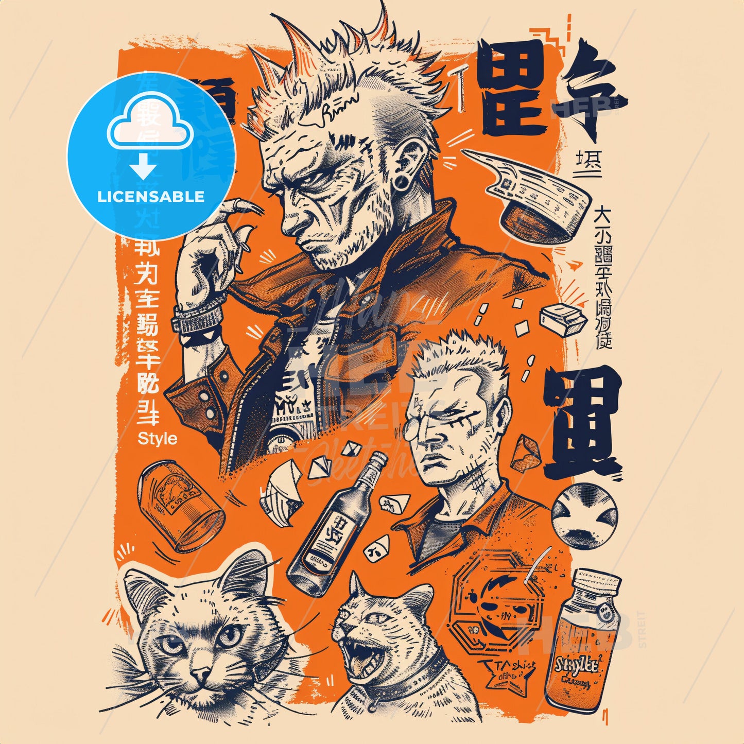 A Man With Mohawk Hair And Various Drawings Of Cats And Drinks