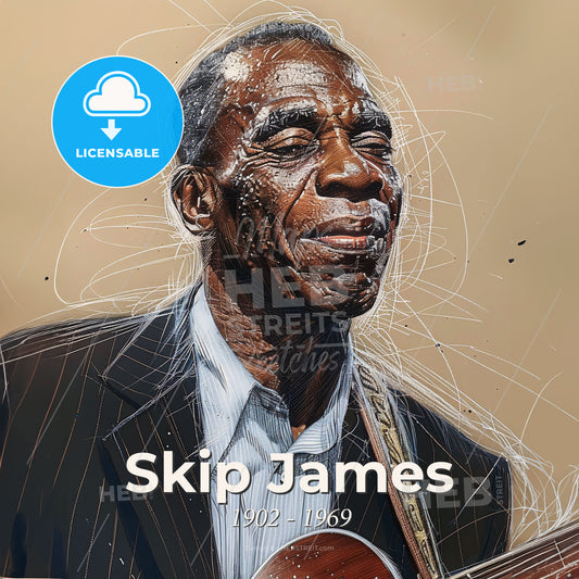 Skip James, 1902 - 1969, American delta blues singer - A Man Holding A Guitar Print Template