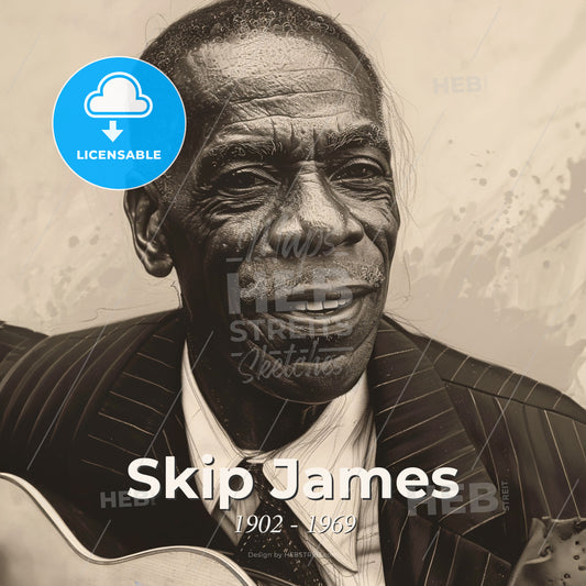 Skip James, 1902 - 1969, American delta blues singer - A Man In A Suit Holding A Guitar Print Template