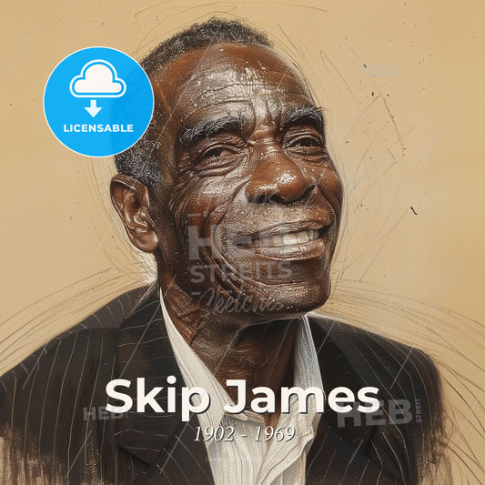 Skip James, 1902 - 1969, American delta blues singer - A Man Smiling With A Broken Glass Print Template