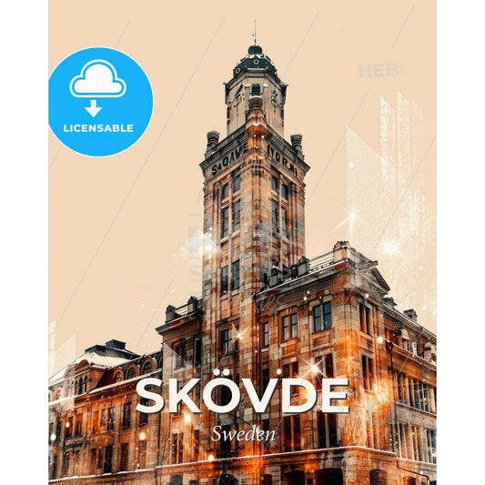 Skövde, Sweden: Architectural Icons Double Exposure Art - A building with a tower - Square format print template