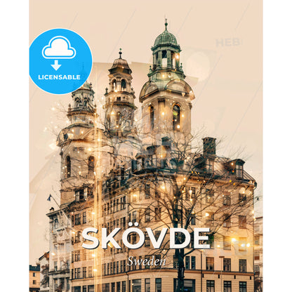 Skövde Skyline Double Exposure Beige Poster with Sparkles - A building with a tree and lights - Square format print template