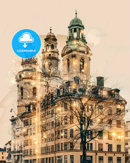 Skövde Skyline Double Exposure Beige Poster with Sparkles - A building with a tree and lights