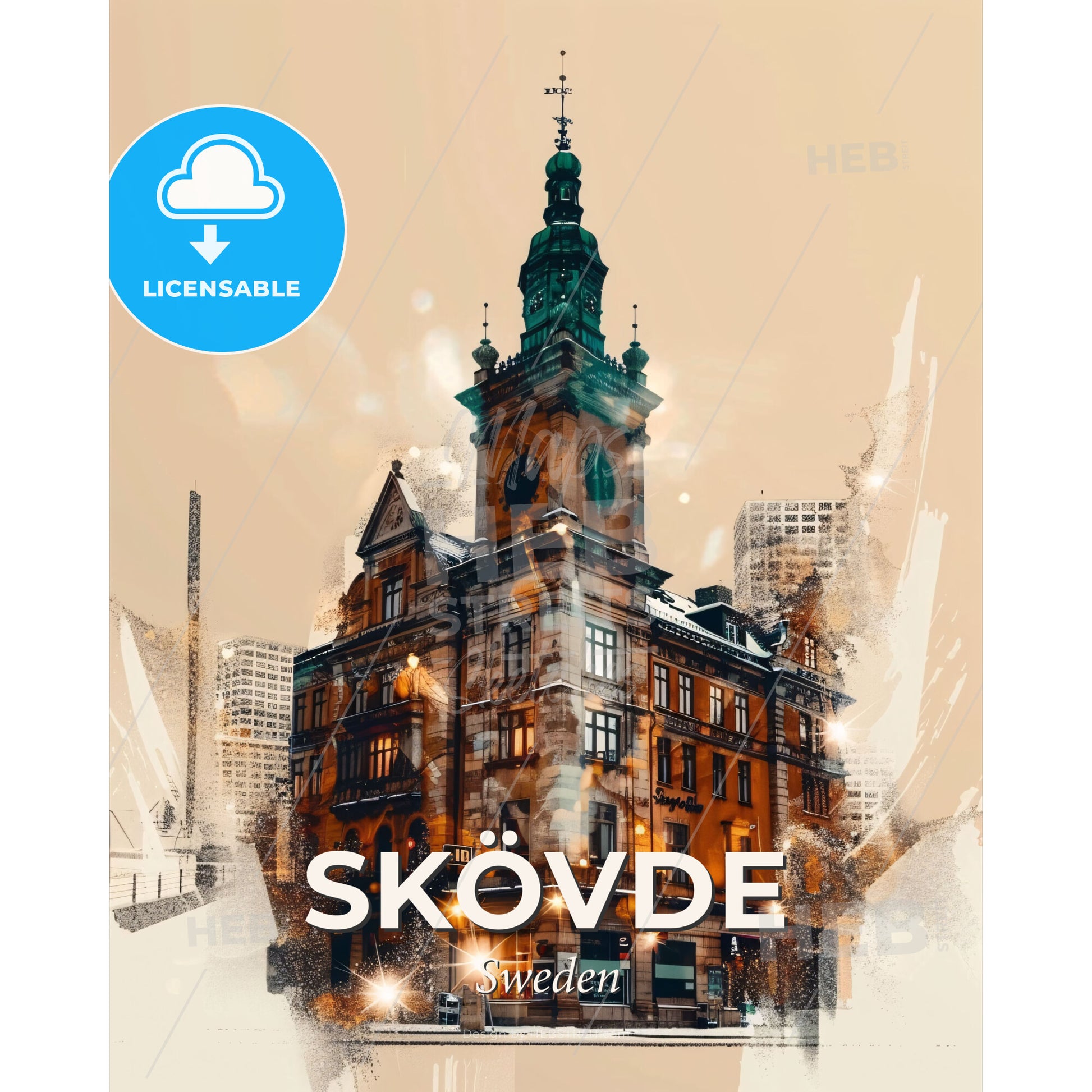 Skövde City Skyline Night Lights Poster Design - A building with a clock tower - Square format print template
