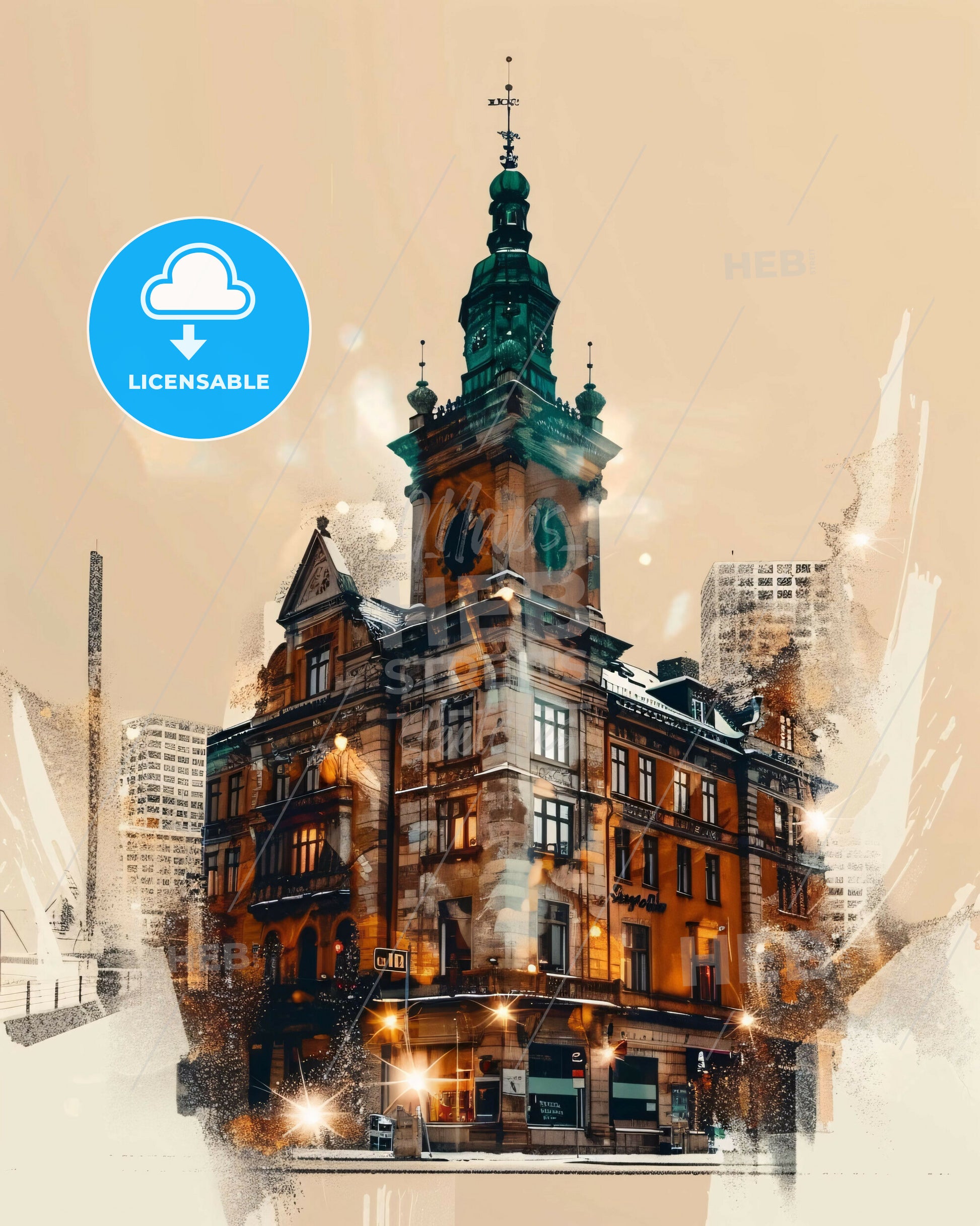 Skövde City Skyline Night Lights Poster Design - A building with a clock tower