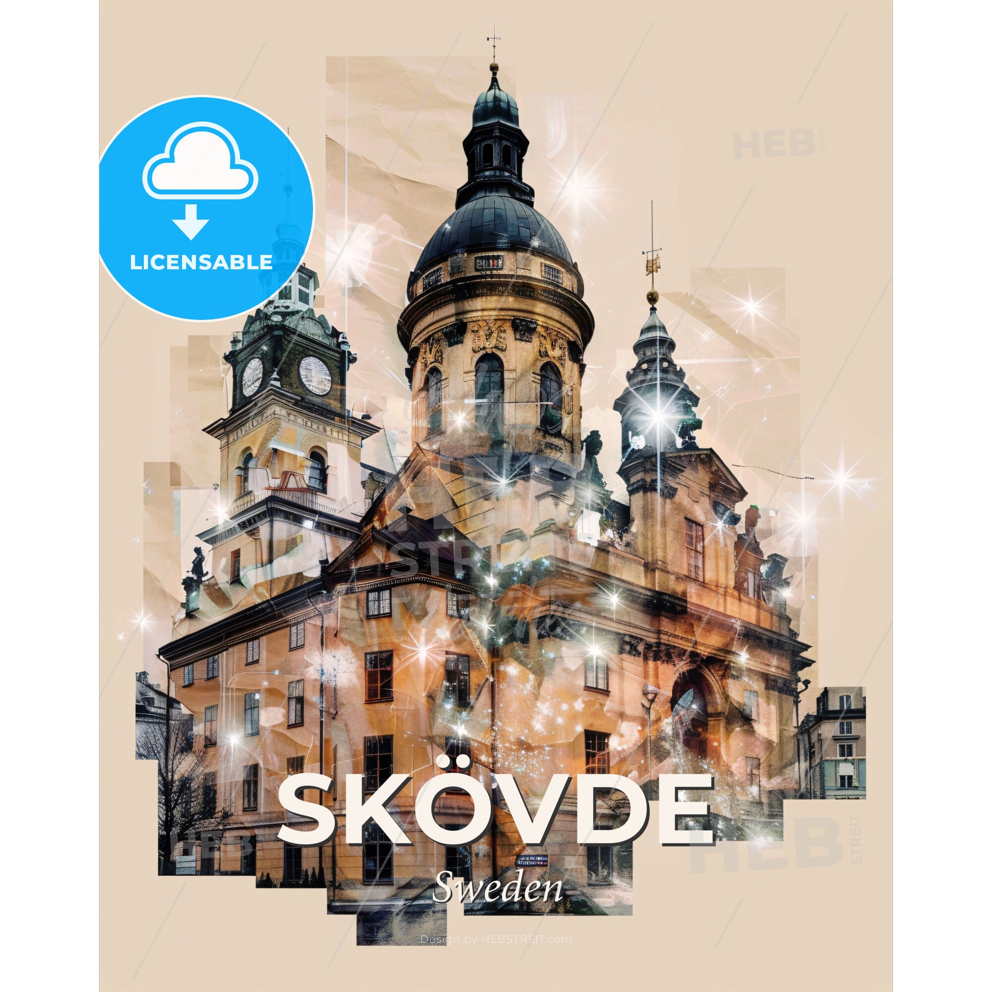 Skövde Skyline Composite Poster Brilliance - A building with a clock tower - Square format print template