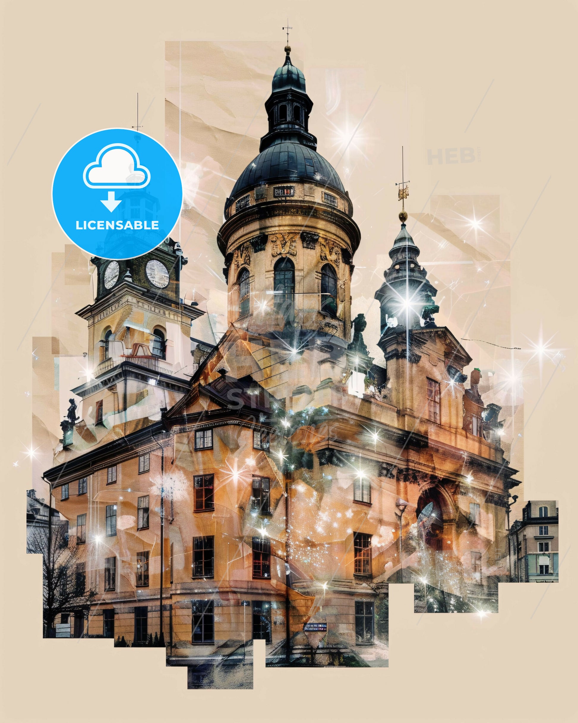 Skövde Skyline Composite Poster Brilliance - A building with a clock tower