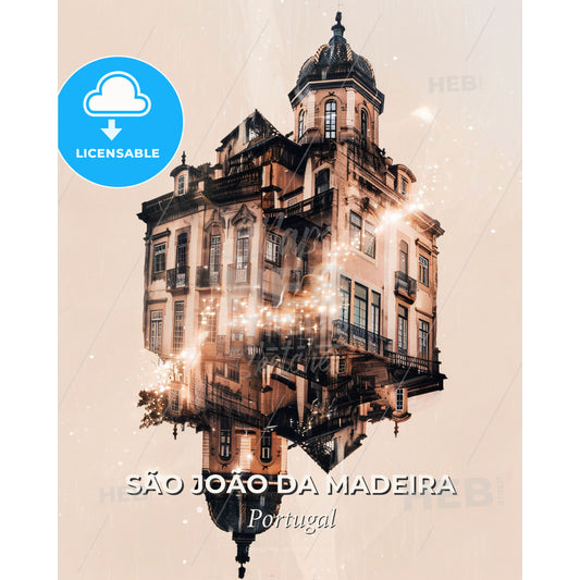 Sao Joao da Madeira Skyline Double Exposure Art - A building with a tower and a tower - Square format print template