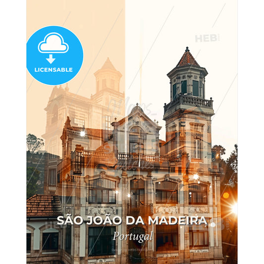Sao Joao da Madeira Skyline Double Exposure Poster - A double exposure of a building - Square format print template