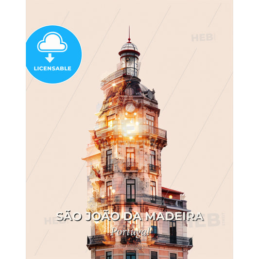 São João da Madeira, Portugal, double exposure composite art skyline - A building with a clock tower - Square format print template