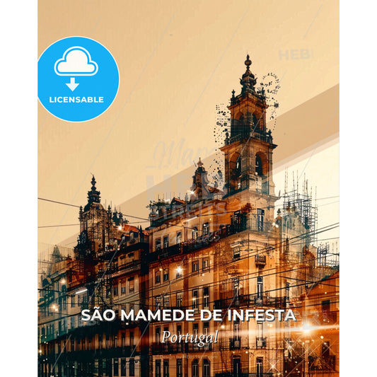 Sao Mamede de Infesta Skyline Double Exposure Cityscape - A building with towers and a street light - Square format print template